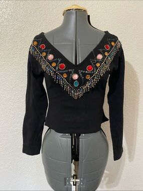 Black Long-Sleeve V-Neck Top with Multi-Color Bead Embellishment